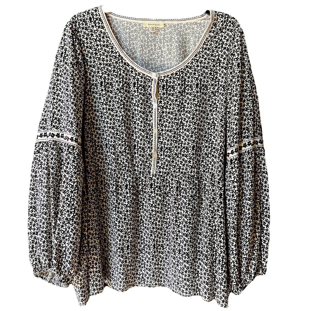 MAX STUDIO WOMAN BLACK & WHITE FLORAL INDIE SLEEVE TOP PLUS SIZE 2X New